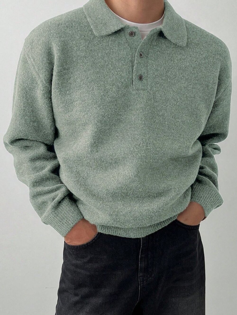 Green Casual Men's Polo Neck Long Sleeve Casual Sweater